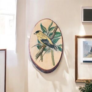 Vintage Wood Slice Art Goldfinch Bird